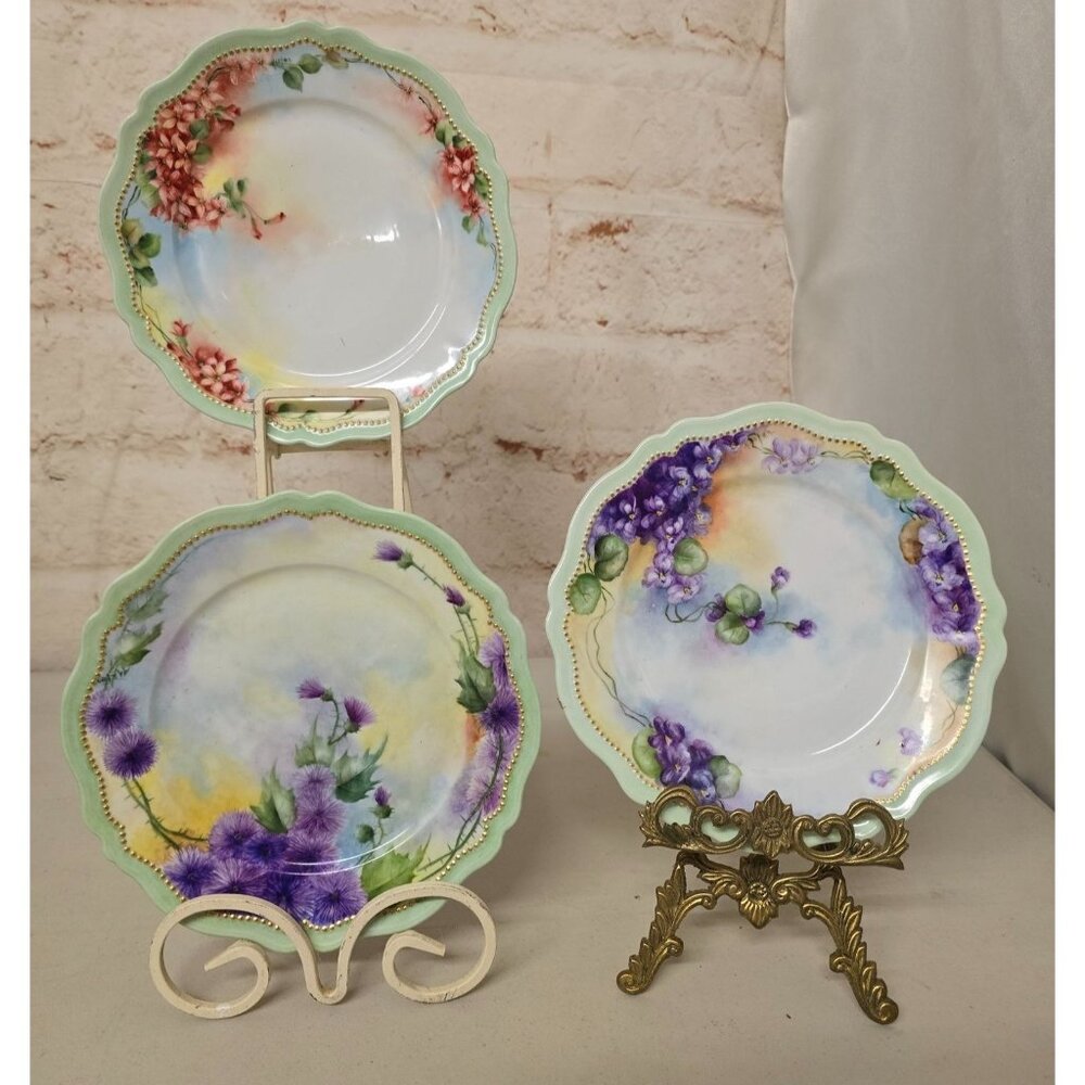 3 PC Royal Austria 8" Dessert Plates Gold Trim Purple Orange Floral Handpainted